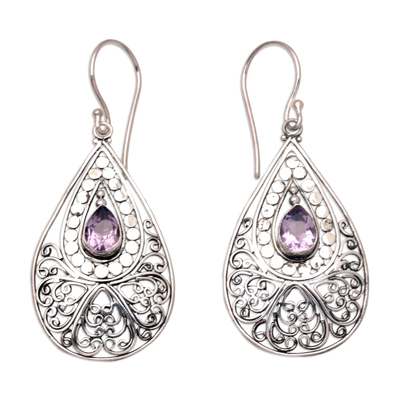 Amethyst dangle earrings, 'Mixed Feelings' - Amethyst and Sterling Silver Dangle Earrings from Bali
