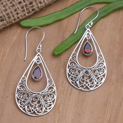Garnet dangle earrings, 'Ethereal Love' - Handmade Garnet and Sterling Silver Dangle Earrings