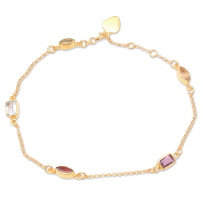 Gold-plated multi-gemstone station bracelet, 'Heaven's Rainbow' - Gold-Plated Birthstone Station Bracelet from Bali