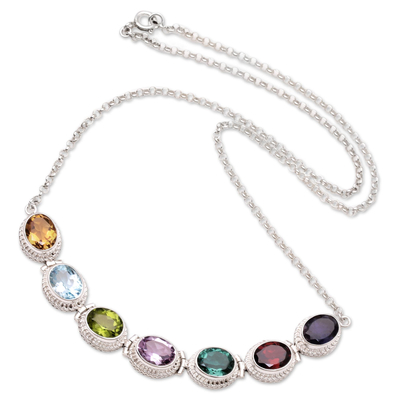 Multi-gemstone pendant necklace, 'Ice Rainbow' - Sterling Silver Birthstone Pendant Necklace