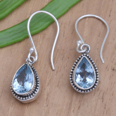 Blue topaz dangle earrings, 'Icy Sparkle' - Hand Made Blue Topaz Dangle Earrings
