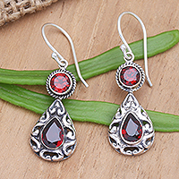 Garnet dangle earrings, 'Palace Walls in Red' - Handmade Balinese Garnet Dangle Earrings