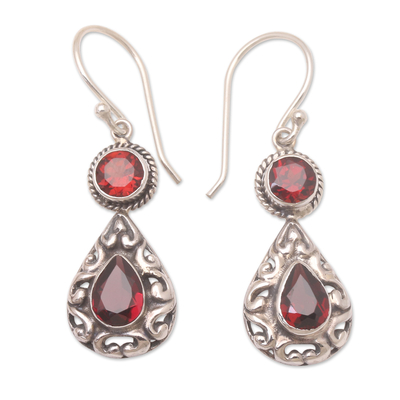 Garnet dangle earrings, 'Palace Walls in Red' - Handmade Balinese Garnet Dangle Earrings