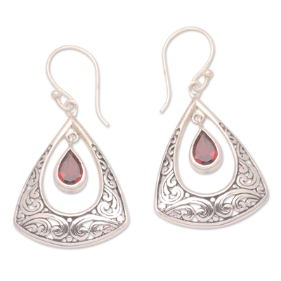 Garnet dangle earrings, 'Blessed Soul' - Balinese Garnet and Sterling Silver Dangle Earrings