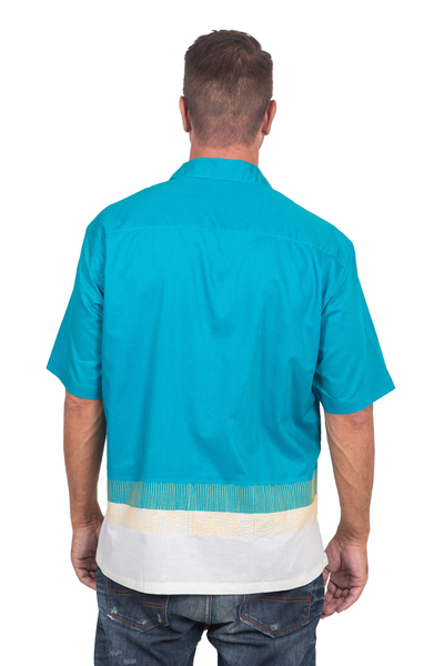 Men's embroidered cotton shirt, 'Floating Bridge' - Men's Embroidered Turquoise Cotton Shirt