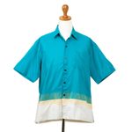 Men's embroidered cotton shirt, 'Floating Bridge' - Men's Embroidered Turquoise Cotton Shirt