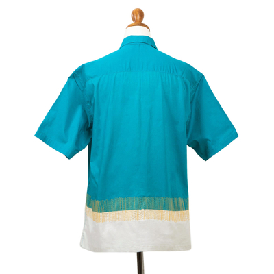 Camisa hombre algodón bordado - Camisa de hombre de algodón turquesa bordada