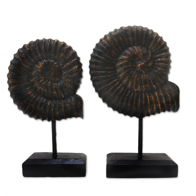 Wood statuettes, 'Shimmering Shells' (pair) - Hand Made Albesia Wood Shell Statuettes (Pair)