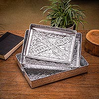Decorative aluminum trays, 'Higher Love' (set of 3) - Handmade Decorative Aluminum Trays (Set of 3)