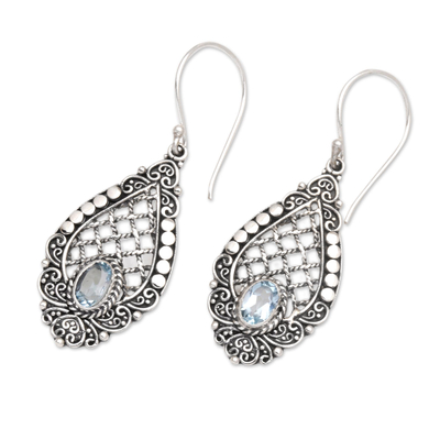 Blue topaz dangle earrings, 'Lattice to Heaven' - Hand Crafted Blue Topaz and Dangle Earrings