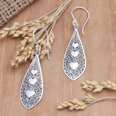 Sterling silver dangle earrings, 'Three Lovers' - Sterling Silver Dangle Earrings with Heart Motif