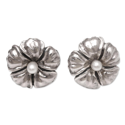 Cultured Pearl Button Earrings with Floral Motif