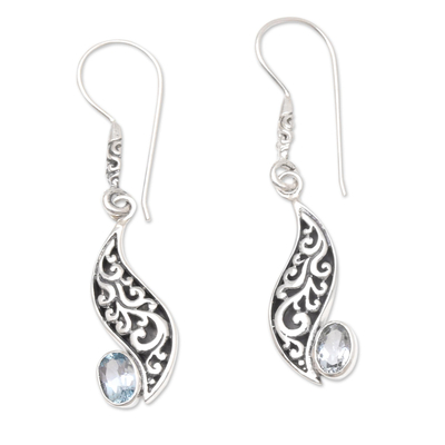Blue topaz dangle earrings, 'Wave of Life' - Blue Topaz and Sterling Silver Dangle Earrings from Bali