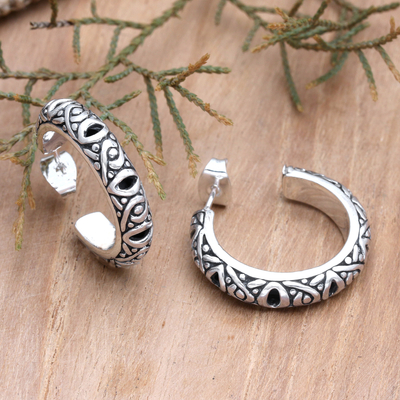 Sterling silver half-hoop earrings, 'Through the Years' - Handmade Sterling Silver Half-Hoop Earrings from Bali