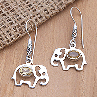Citrine dangle earrings, 'Elephant Surprise' - Citrine Dangle Earrings with Elephant Motif