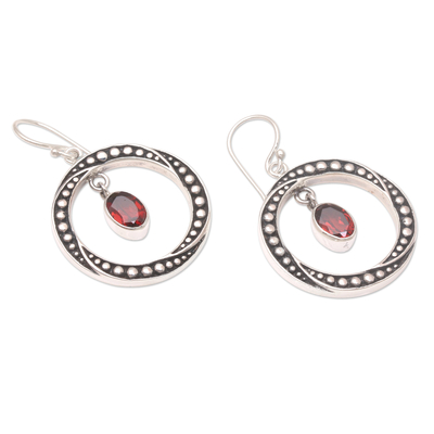 Garnet dangle earrings, 'Around the Sun' - Handmade Garnet and Sterling Silver Dangle Earrings