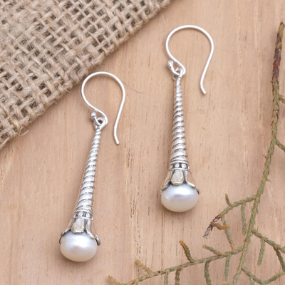 Cultured pearl dangle earrings, 'Coiled Flower' - Balinese Cultured Pearl and Sterling Silver Dangle Earrings