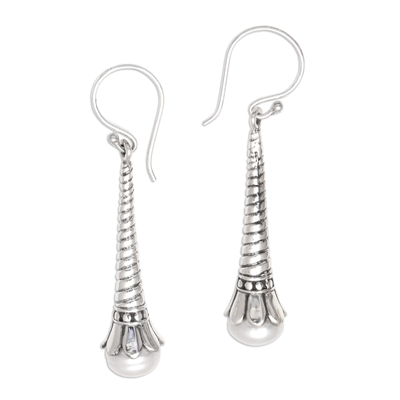Cultured pearl dangle earrings, 'Coiled Flower' - Balinese Cultured Pearl and Sterling Silver Dangle Earrings