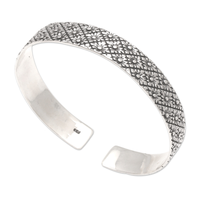 Sterling silver cuff bracelet, 'Floral Friend' - Sterling Silver Cuff Bracelet with Floral Motif