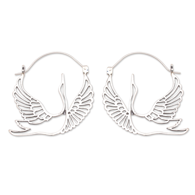 Sterling silver hoop earrings, 'My Soulmate' - Sterling Silver Hoop Earrings with Swan Motif