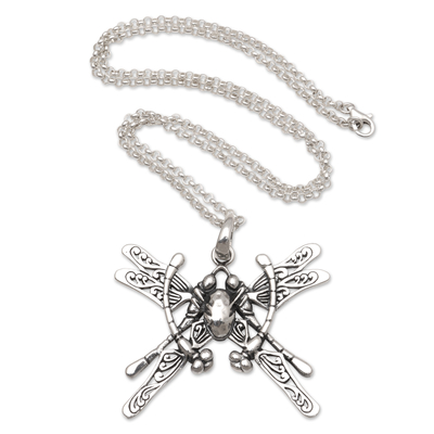 Men's sterling silver pendant necklace, 'Emperor of the Garden' - Men's Sterling Silver Pendant Necklace with Dragonfly Motif