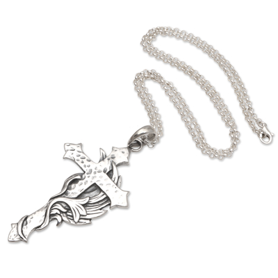 Men's sterling silver pendant necklace, 'Faithfully Yours' - Men's Sterling Silver Pendant Necklace with Cross Motif