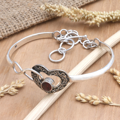Garnet pendant bracelet, 'Peaceful Touch' - Garnet Pendant Bracelet with Heart Motif