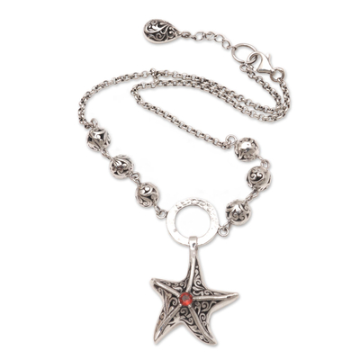 Garnet and Sterling Silver Starfish Charm Anklet