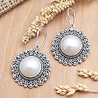 Cultured pearl dangle earrings, 'Sun of Valor' - Cultured Mabe Pearl Dangle Earrings from Bali