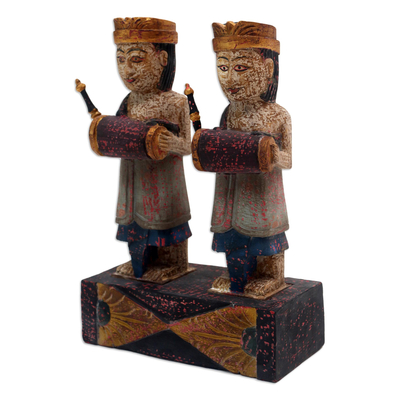 Wood statuette, 'Beleganjur Music' - Hand Crafted Albesia Wood Statuette