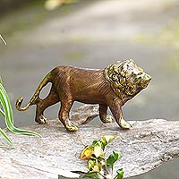 Bronze statuette, 'King of Beasts' - Artisan Crafted Bronze Lion Statuette