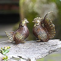 Bronze statuettes, 'Golden Couple' (pair) - Bronze Chicken Statuettes with Antiqued Finish (Pair)