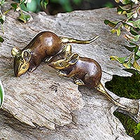 Bronze statuettes, 'Small Squeaks' (pair) - Bronze Mouse Statuettes with Antiqued Finish (Pair)
