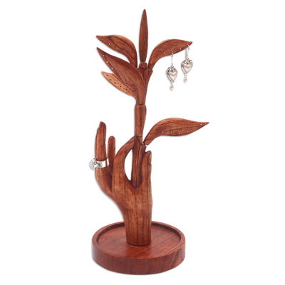 Wood jewelry holder, 'Plucked From Above' - Hand Carved Jempinis Wood Jewelry Holder