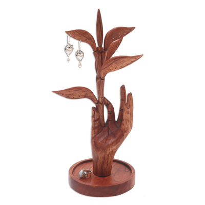 Wood jewelry holder, 'Plucked From Above' - Hand Carved Jempinis Wood Jewelry Holder