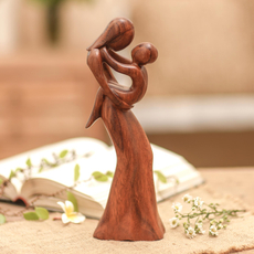 Mother and Child Suar Wood Statuette, "Mother's True Love"