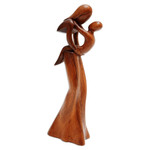 Wood statuette, 'Mother's True Love' - Mother and Child Suar Wood Statuette