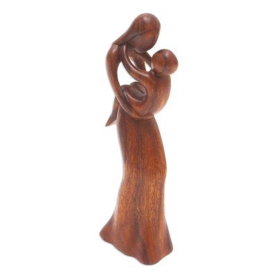 Wood statuette, 'Mother's Love' - Mother and Child Suar Wood Statuette