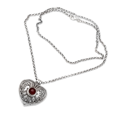 Garnet locket necklace, 'Open Secret' - Garnet Locket Necklace with Heart Motif