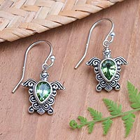 Peridot dangle earrings, 'Shell Game in Green' - Handcrafted Peridot Dangle Earrings with Turtle Motif