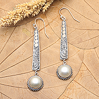 Cultured pearl dangle earrings, 'Like a Melody in Grey' - Artisan Crafted Cultured Mabe Pearl Dangle Earrings