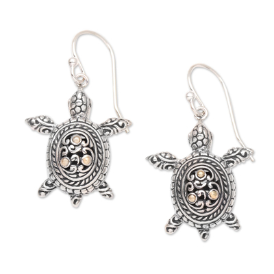 Gold-accented dangle earrings, 'Sleepy Swimmers' - Gold-Accented Dangle Earrings with Turtle Motif
