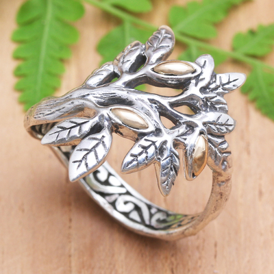 Gold-accented cocktail ring, 'Tropical Winter' - Gold-Accented Cocktail Ring with Leaf Motif