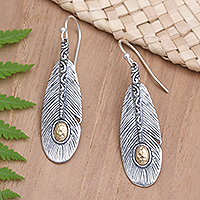 Gold-accented dangle earrings, 'Fly High' - Gold-Accented Dangle Earrings with Feather Motif