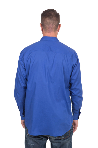 Camisa hombre algodón bordado - Camisa de hombre en algodón ultramarino bordado