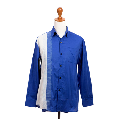 Camisa hombre algodón bordado - Camisa de hombre en algodón ultramarino bordado