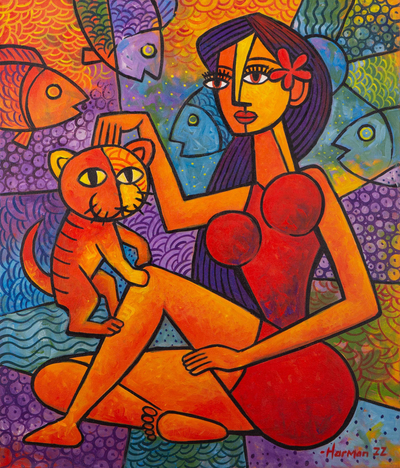 'Anandini and Her Cat' - Acrylic Cat Painting on Cotton Canvas