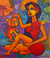 'Anandini and Her Cat' - Acrylic Cat Painting on Cotton Canvas thumbail