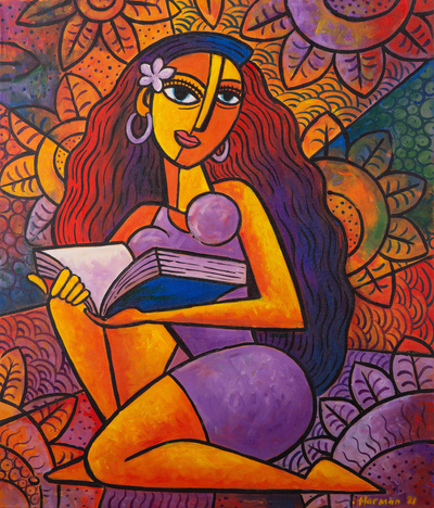 'Ni Komang is Studying' - Acrylic Cubist Painting on Canvas