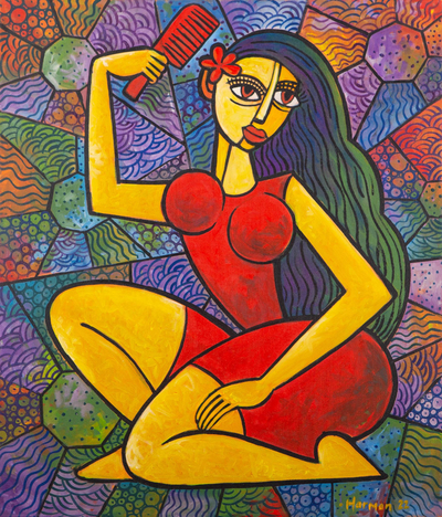 'Ni Kadek Sanya' - Acrylic Female Figure Painting on Canvas